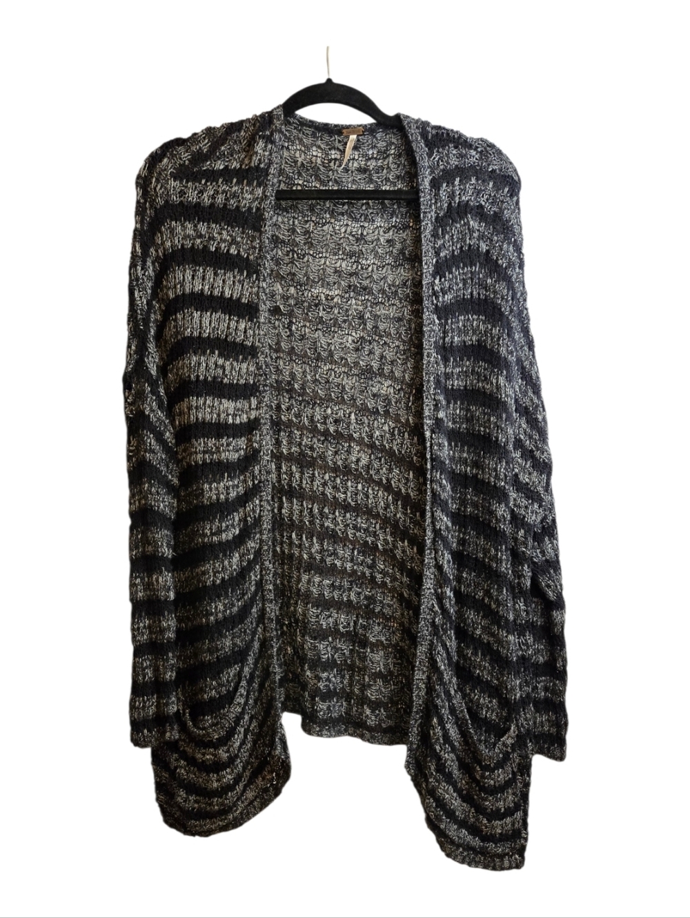 Free People "Last Night " Striped open front Black & Gray Cardigan Sweater Large
